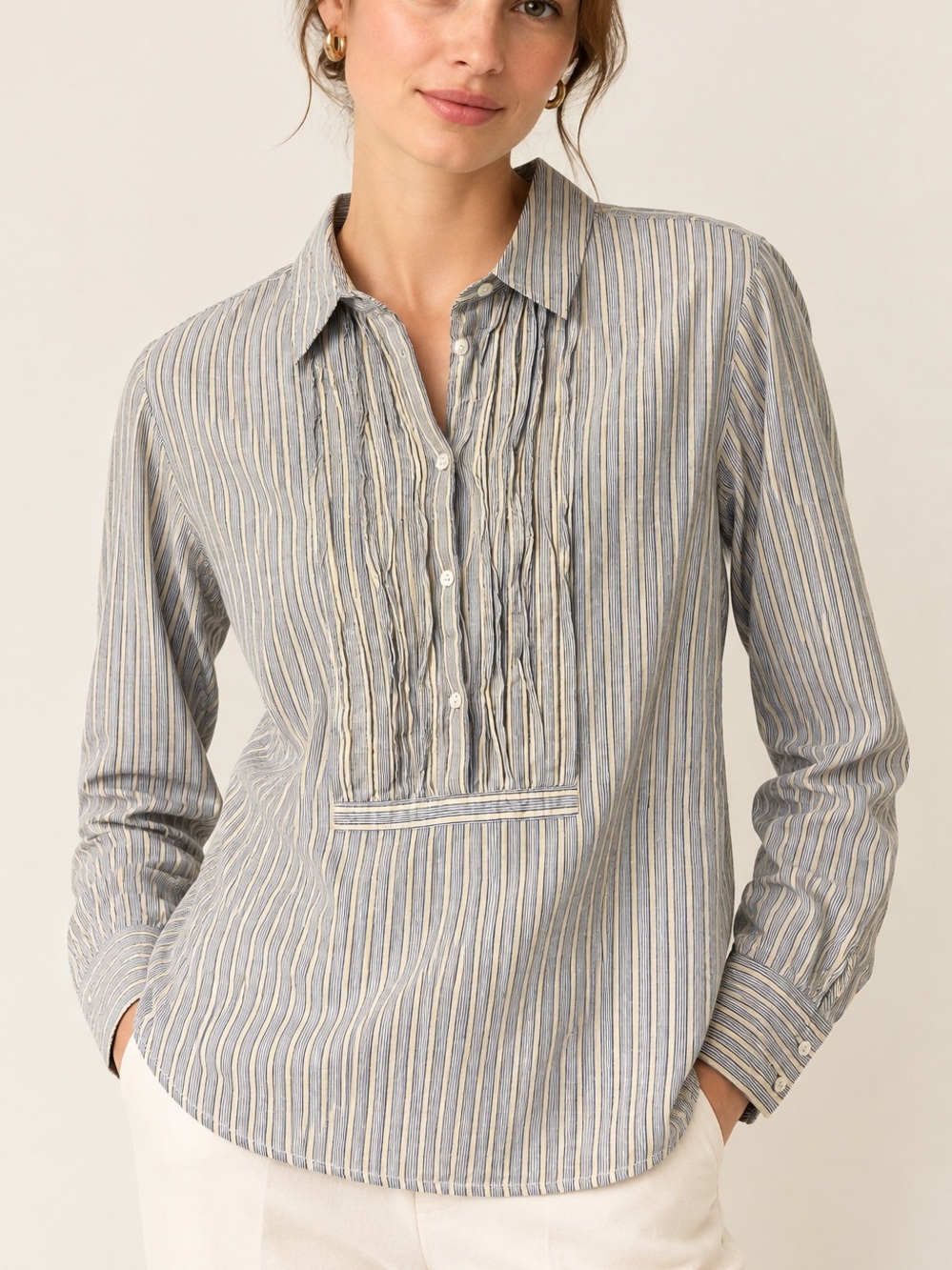 J.Crew Vintage Striped Button Front Blouse Long Sleeve Pintuck Collared Top M